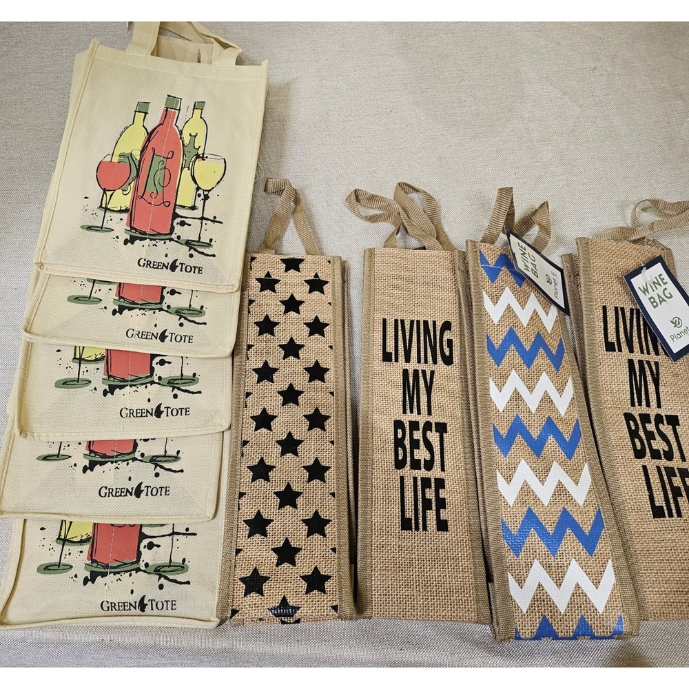 Lot of 4 Wine Bags Reusable Jute 4 Multi Bottle Tote‎ Bags with Designs